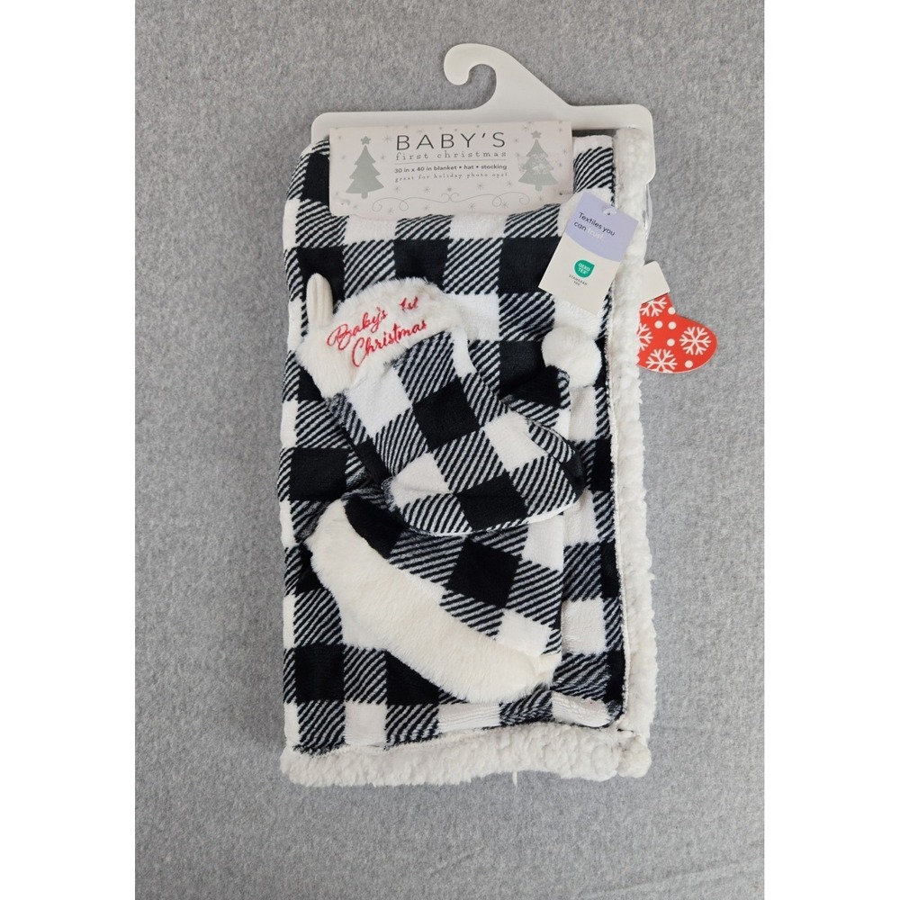 Baby's First Christmas 3pc Set Buffalo Plaid Blanket Hat Stocking Black White